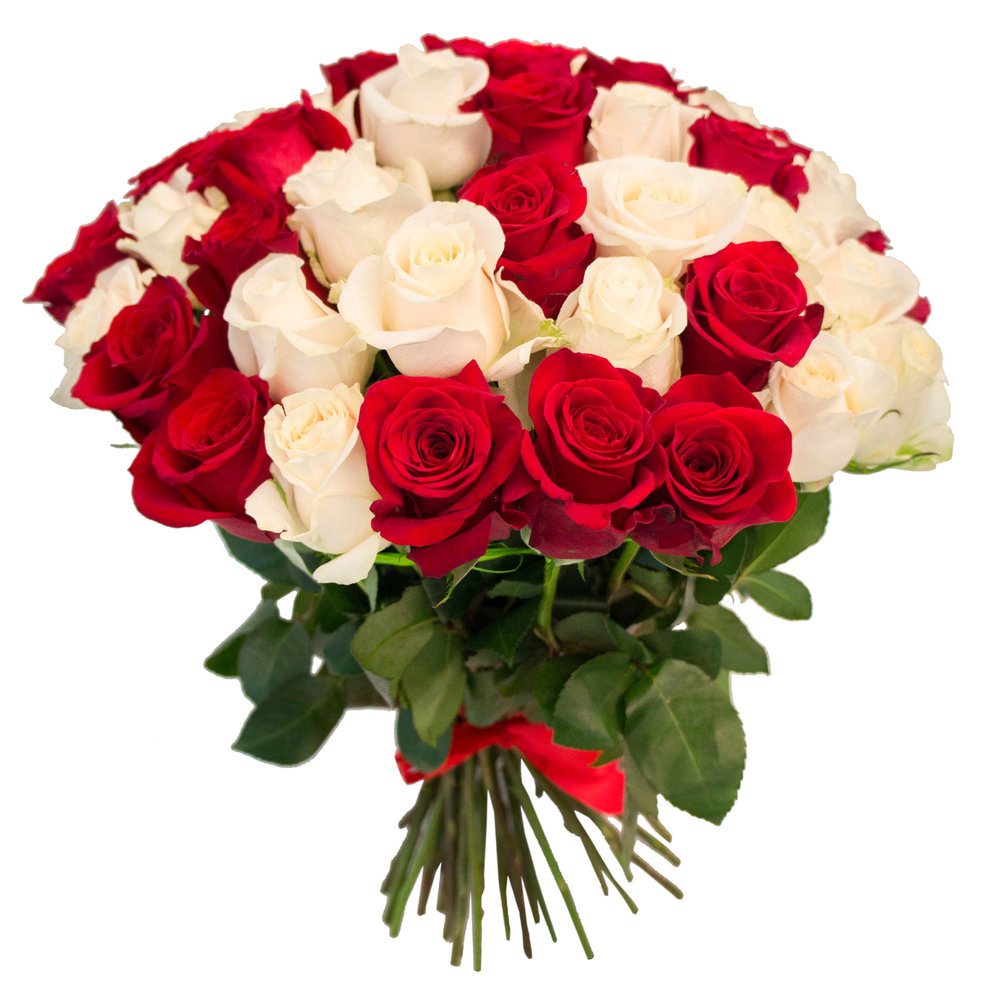 Букет из 51 красной и белой розы с лентой