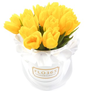 Тюльп Дебют: 15 желтых тюльпанов в шляпной коробке